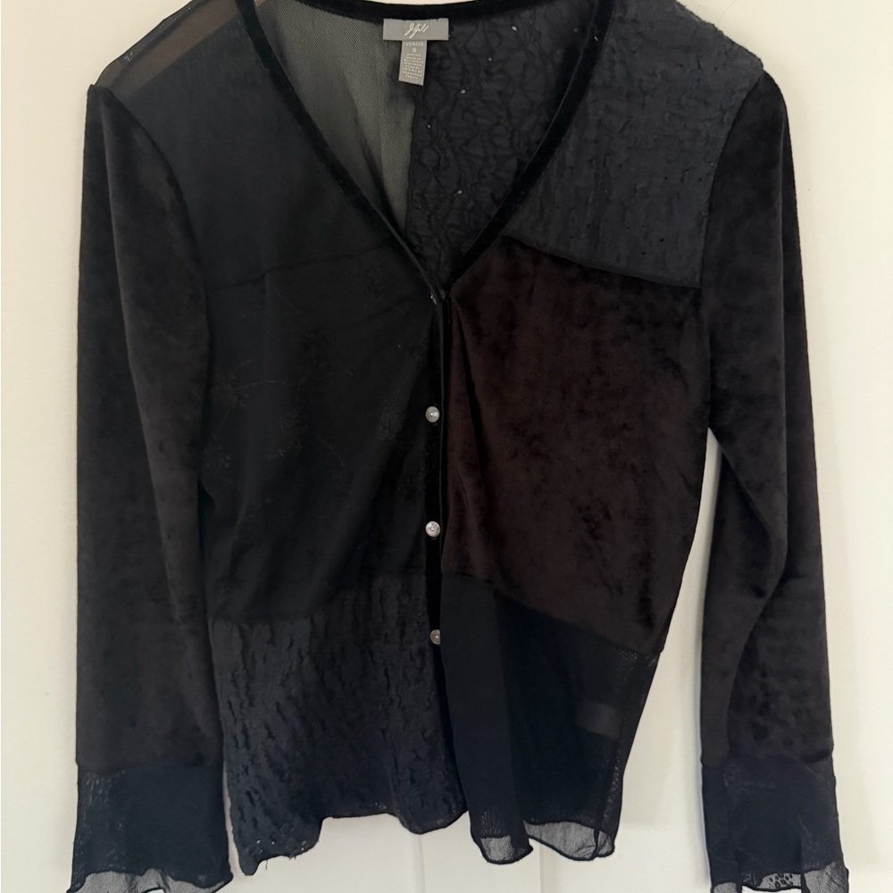 J. Jill Women's Button Down Shirt Black Velvet Lace Sheer Witchy Whimsigoth SP‎